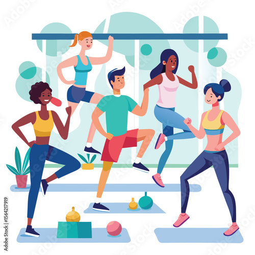 Group of people exercising in a gym class engaging in fitness activities together