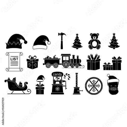 Christmas santa claus gifts tree train candy snowflake elf hat teddy bear holiday season vector set