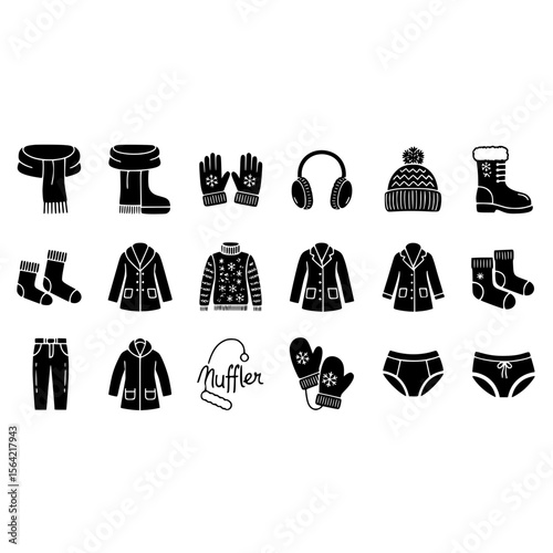 Winter clothing accessories fashion apparel garment wear vector icon set illustration collection design element