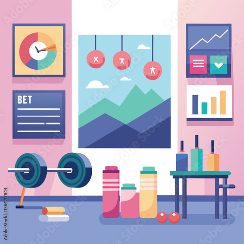 Gym illustration with charts and weights reflecting fitness and activity data visualization