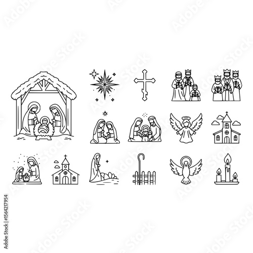 Nativity scene christmas religious jesus mary joseph angel star wise men church candle cross icons set