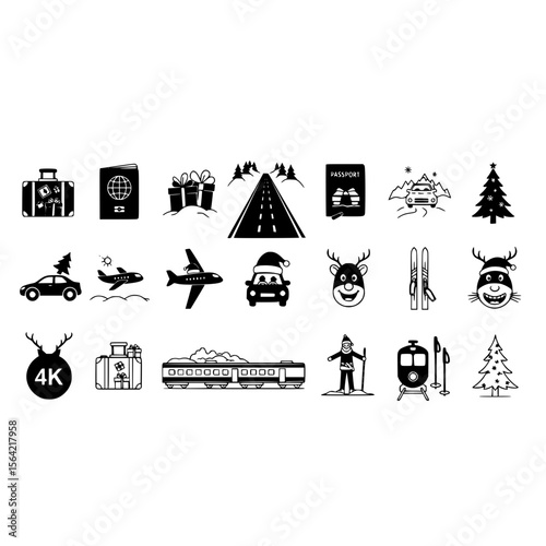 Winter travel christmas vacation holiday trip journey adventure passport reindeer plane car tree ski train