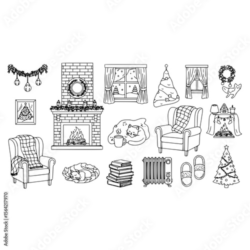 Cozy christmas fireplace scene with cat and christmas tree winter holiday season vector illustration