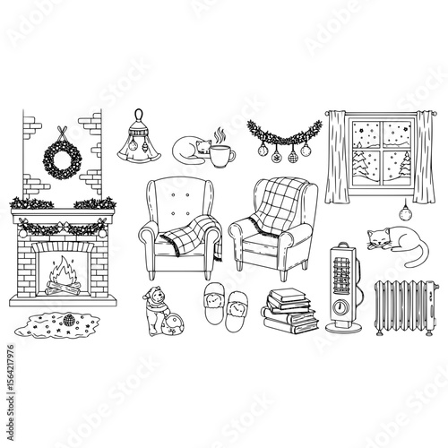 Cozy christmas fireplace scene with armchairs, cats, and winter window for holiday relaxation time