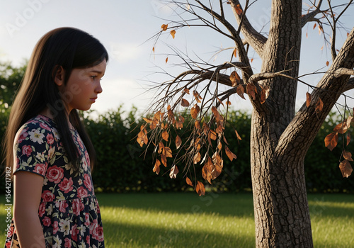 A child sadly observes a dead tree in what should be a vibrant yard.