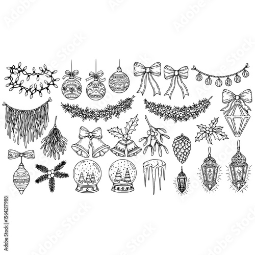 Christmas ornament vector set with christmas light christmas tree christmas bow and christmas bell design