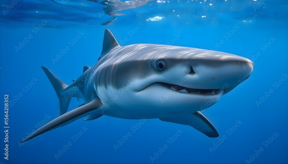 Fototapeta premium Shark gliding through clear ocean water with its dorsal fin above the surface, representing strength and grace in the wild