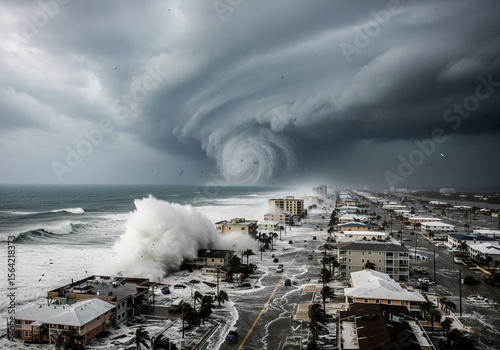A destructive hurricane with massive waves crashing into a coastal community.