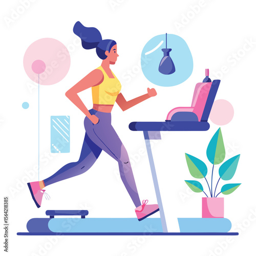 Woman exercising on a treadmill in a stylish flat illustration with decorative elements