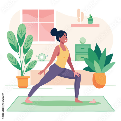 Woman practicing yoga in a peaceful home setting surrounded by plants