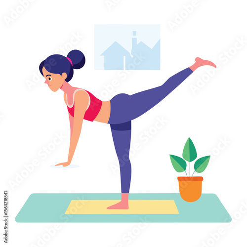 Woman practicing yoga warrior pose on a yoga mat with houseplant illustration