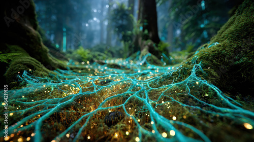 原生林地底で光る菌糸の交差 / Luminous Mycelial Crossroads Beneath Primeval Forest