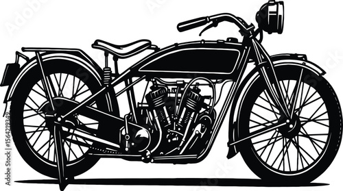 A classic black and white illustration of a vintage motorcycle, isolated on white background