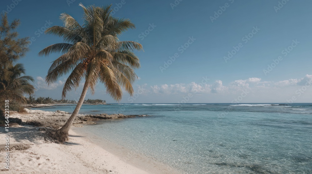 Obraz premium Tropical beach scene with a palm tree, ocean, and clear blue sky for vacation