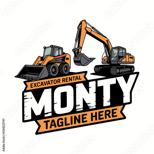 Mini excavator vector logo for Montys Excavator Rental Service includes a wheel loader and excavator. Ideal for constructionrelated businesses.