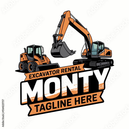 Mini excavator vector logo for Montys Excavator Rental Service includes a wheel loader and excavator. Ideal for constructionrelated businesses.