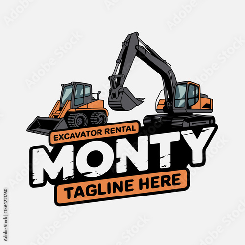 Mini excavator vector logo for Montys Excavator Rental Service includes a wheel loader and excavator. Ideal for constructionrelated businesses.