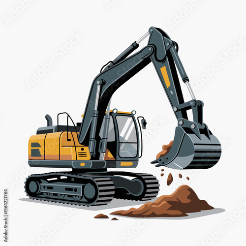 Mini excavator vector in yellow and gray digging dirt ideal for construction projects and building illustrations, suitable for constructionthemed designs.