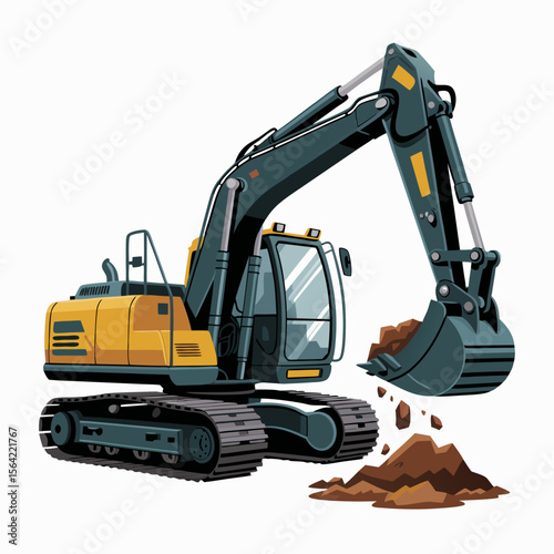 Mini excavator vector in yellow and gray digging dirt ideal for construction projects and building illustrations, suitable for constructionthemed designs.