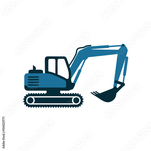 Mini excavator vector icon in dark blue, a compact machine illustration suitable for construction themes in graphic design projects.