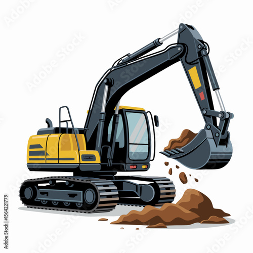Mini excavator vector in yellow and gray digging dirt ideal for construction projects and building illustrations, suitable for constructionthemed designs.