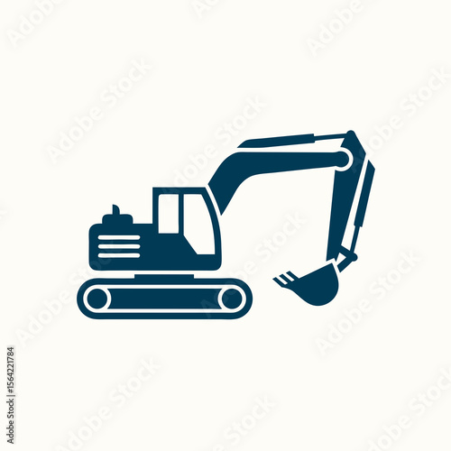 Mini excavator vector icon in dark blue, a compact machine illustration suitable for construction themes in graphic design projects.