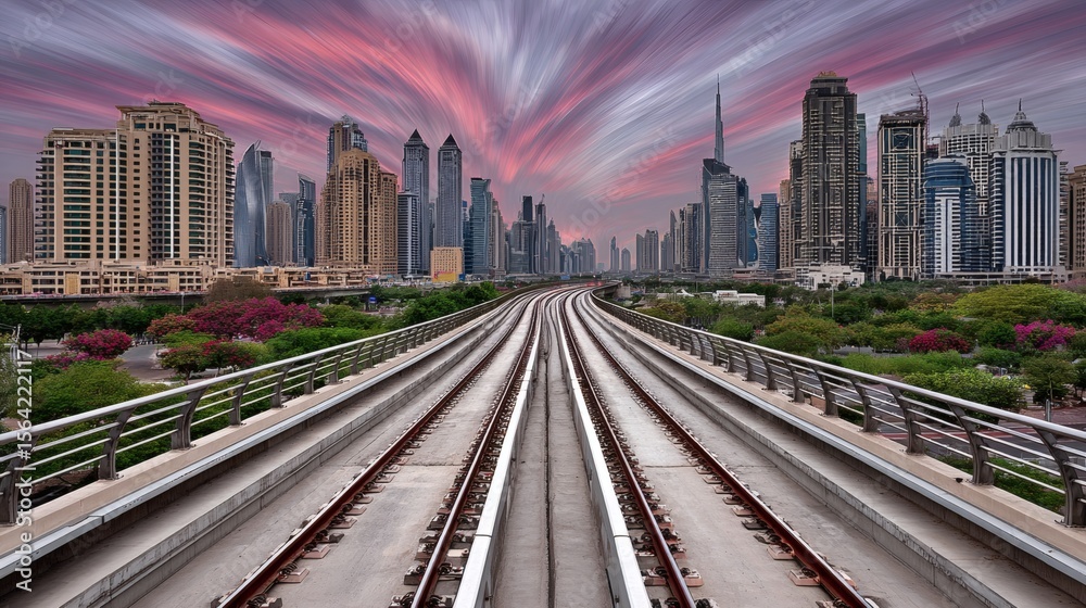 Fototapeta premium Dubai Skyline From Train Track at Sunset