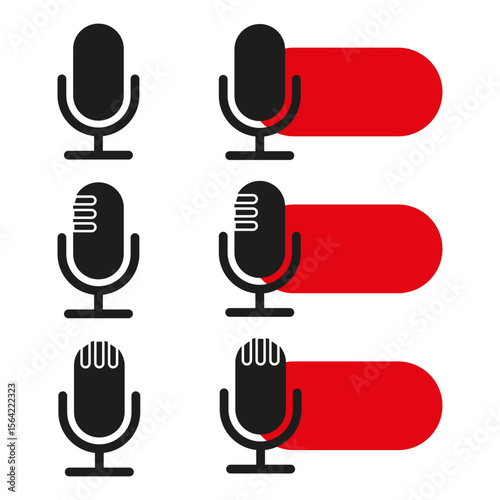Microphone toggle icons. Audio recording symbols. Vector sound controls. Red button elements.