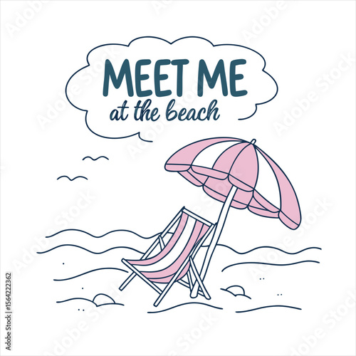   Meet me at the beach invitation with beach chair and umbrella illustration