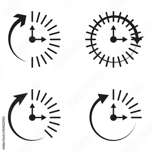 Clock progress icons. Radial gauge set. Time tracking Vector. Arrow cycle symbols.