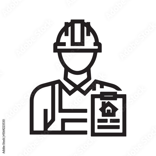 Construction Worker Icon with Blueprint – Engineering and Building Design Symbol