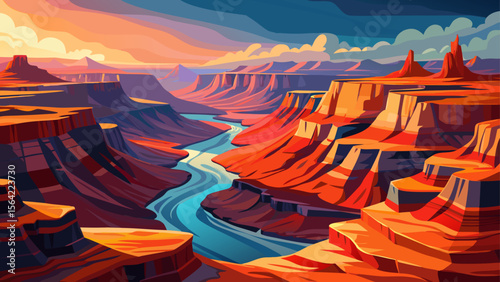 In Grand Canyon National Park, vibrant layers of red rock stretch across the horizon, with morning fog lingering inside the massive canyon, casting shadows over the winding Colorado River.