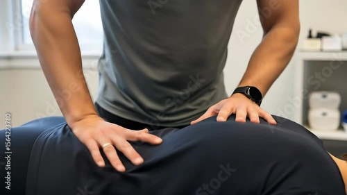 Hands Applying Pressure During Manual Therapy Session In Bright Room With Medical Table Gray Shirt and Black Pants Wellness Concept