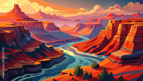 In Grand Canyon National Park, vibrant layers of red rock stretch across the horizon, with morning fog lingering inside the massive canyon, casting shadows over the winding Colorado River.