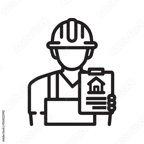 Construction Worker Icon with Blueprint – Engineering and Building Design Symbol