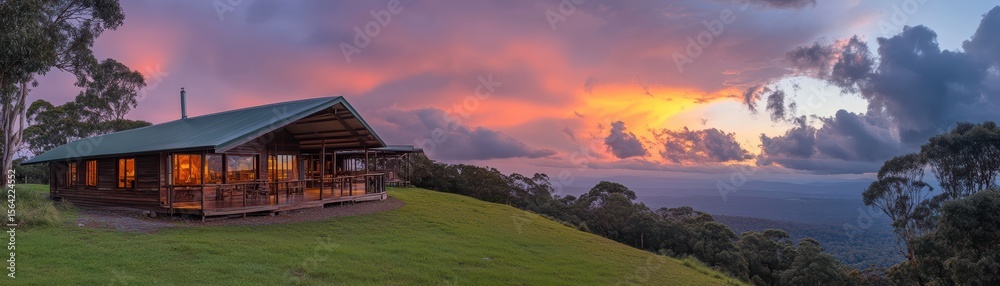 Fototapeta premium Stunning cabin against colorful sunset sky.