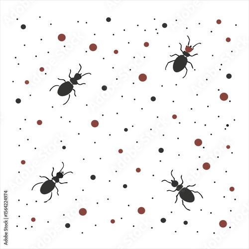 Four black ants scattered among red and black dots on a white background