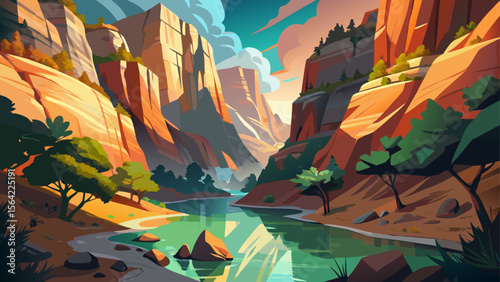 The emerald pools and rust-colored cliffs of Zion National Park reflect softly in early light, as hikers cross narrow canyons carved by time and water.