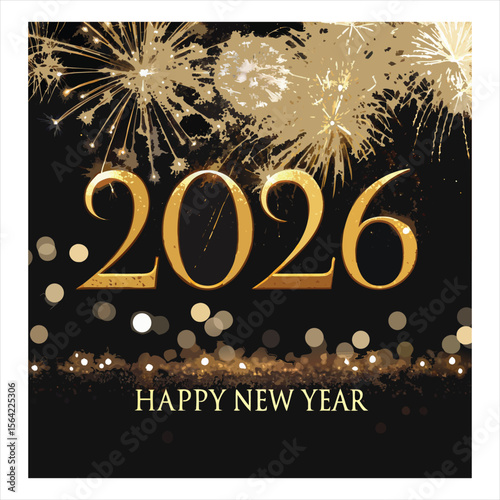 Golden 2026 new year celebration with fireworks and bokeh lights