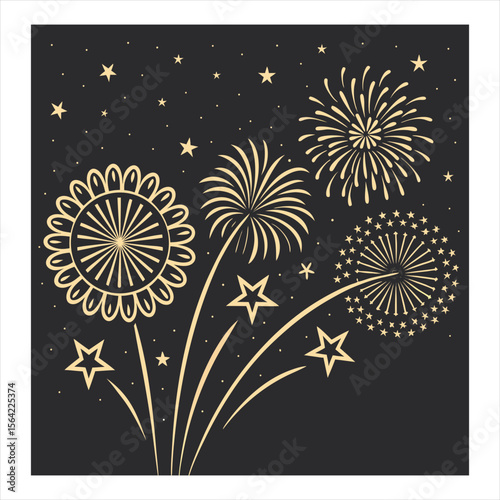 Golden fireworks burst in a night sky with sparkling trails