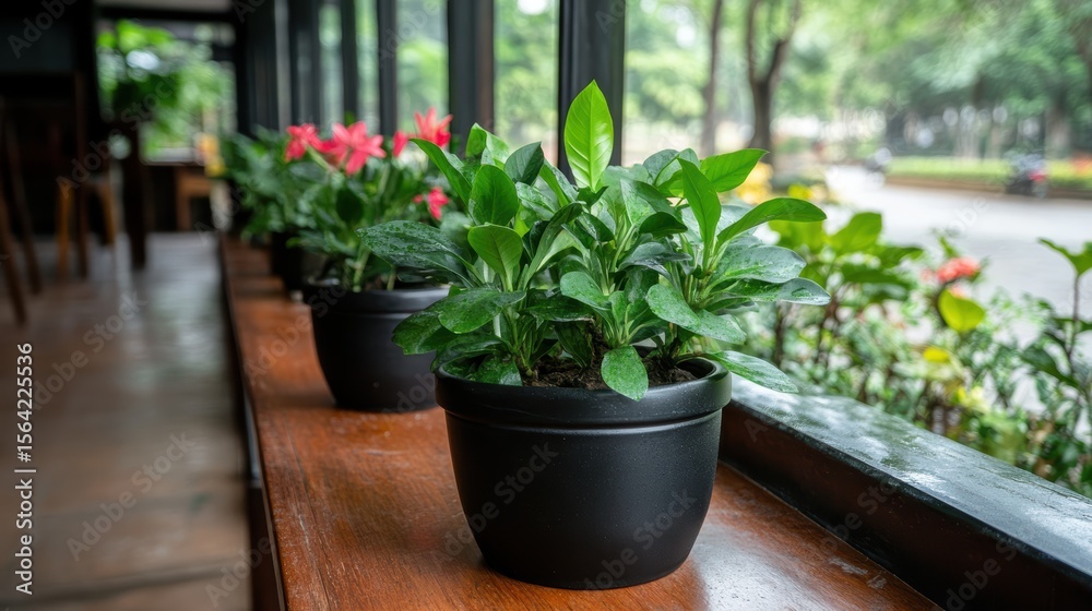 Vibrant green plants in pots by a window. Vibrant green plants in pots by a window.