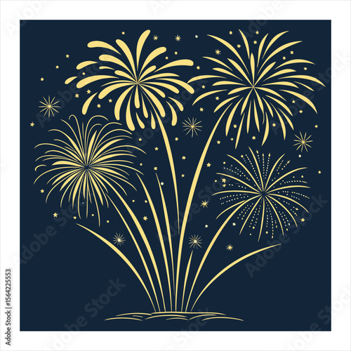 Golden fireworks burst in a dark night sky with sparkling trails