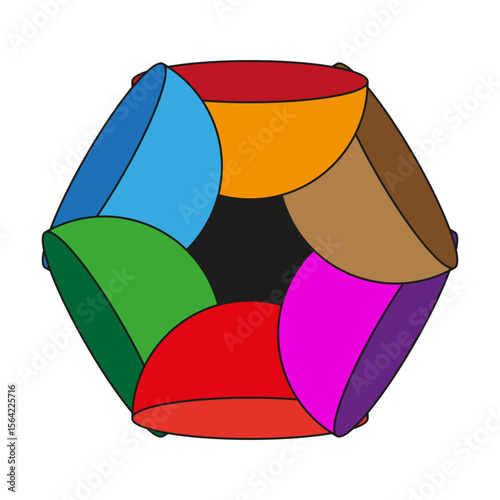 Multicoloured polygonal dome. Intricately concave surfaces. Geodesic tridimensional Vector. Vibrant chromatic structure.