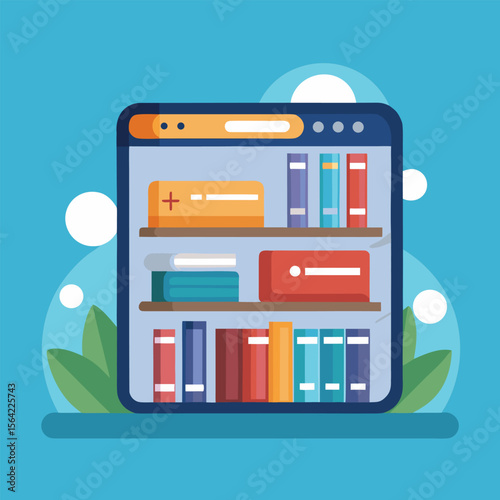 Digital library concept featuring books and shelves with modern flat design elements