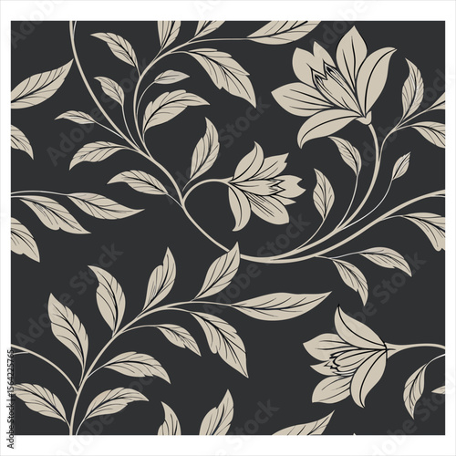 Elegant floral pattern with blooming flowers and swirling vines on a dark background