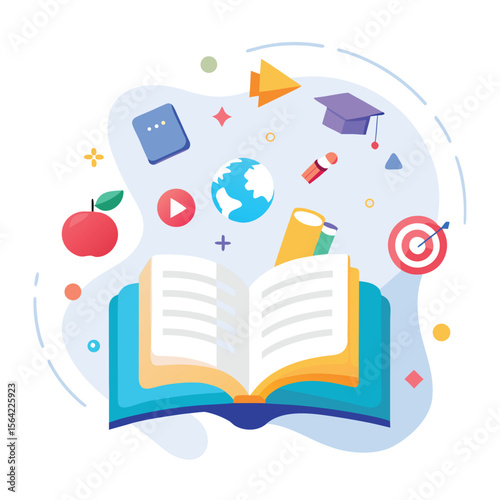 Education and learning concept with floating icons and open book illustration