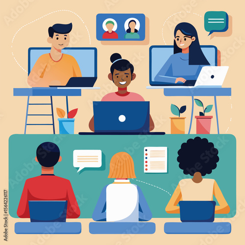 Illustration of remote team collaboration and communication using digital technology