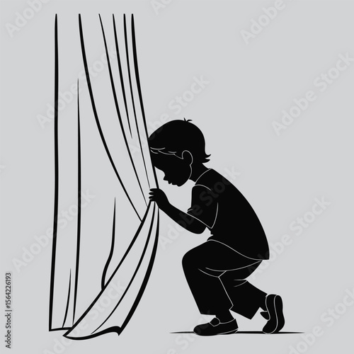 Child hiding behind curtain silhouette vector design art and illustration