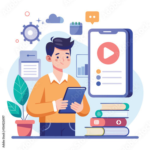 Modern man learning online with tablet mobile phone video education concept