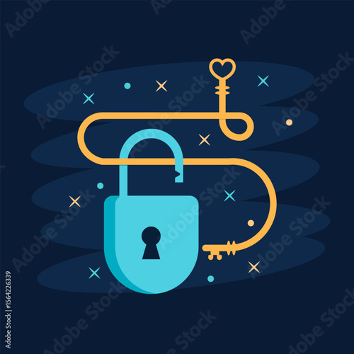 Illustration of a golden key opening the blue lock, revealing the secrets of security and protection.